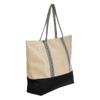 Çante plazhi kashte bezhe me dizajn gjeometrik te zi 55.5x14x42 cm