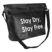 Çante e papershkueshme nga uji, e zeze me rrip me shkrim "Stay Dry Stay Free" 31.5x9x21cm