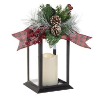 Fener dekorativ per Krishtlindje LED i zi me qiri LED dhe dege 14x14x33cm