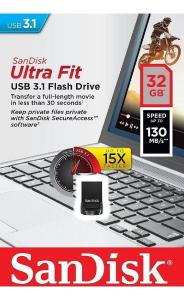 Usb 32GB SanDisk Ultra Fit 3.1 Drive-Small Form Factor Plug & Stay Hi-Speed [16340]
