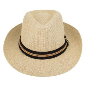 Kapele panama unisex, ngjyre bezhe e hapur me shirit te zi dhe vija bezhe