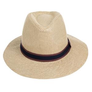 Kapelepanama unisex ngjyre bezhe me shirit me konture kafe te erret dhe ngjyre te zi
