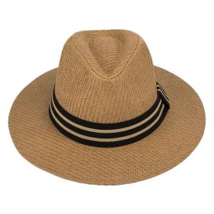 Kapele panama unisex, ngjyre kafe natyrale, me rrip te zi me dy vija bezhe