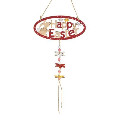 Pendant dekorues i kuq oval me veze dhe lepur happy easter 50cm