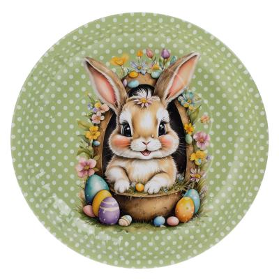 Pjatë metalike dekorative për Pashkë jeshile me pika dhe lepurush 25cm